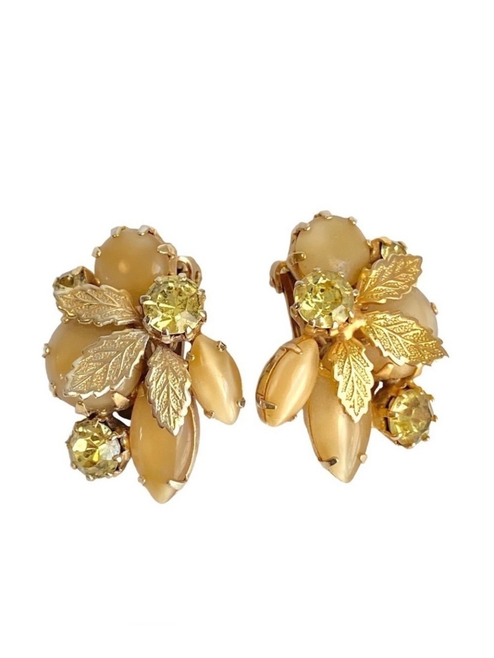 Vintage Moonglow Earrings Yellow‎ Rhinestone Gold Tone Leaves Clip On 60s Mod